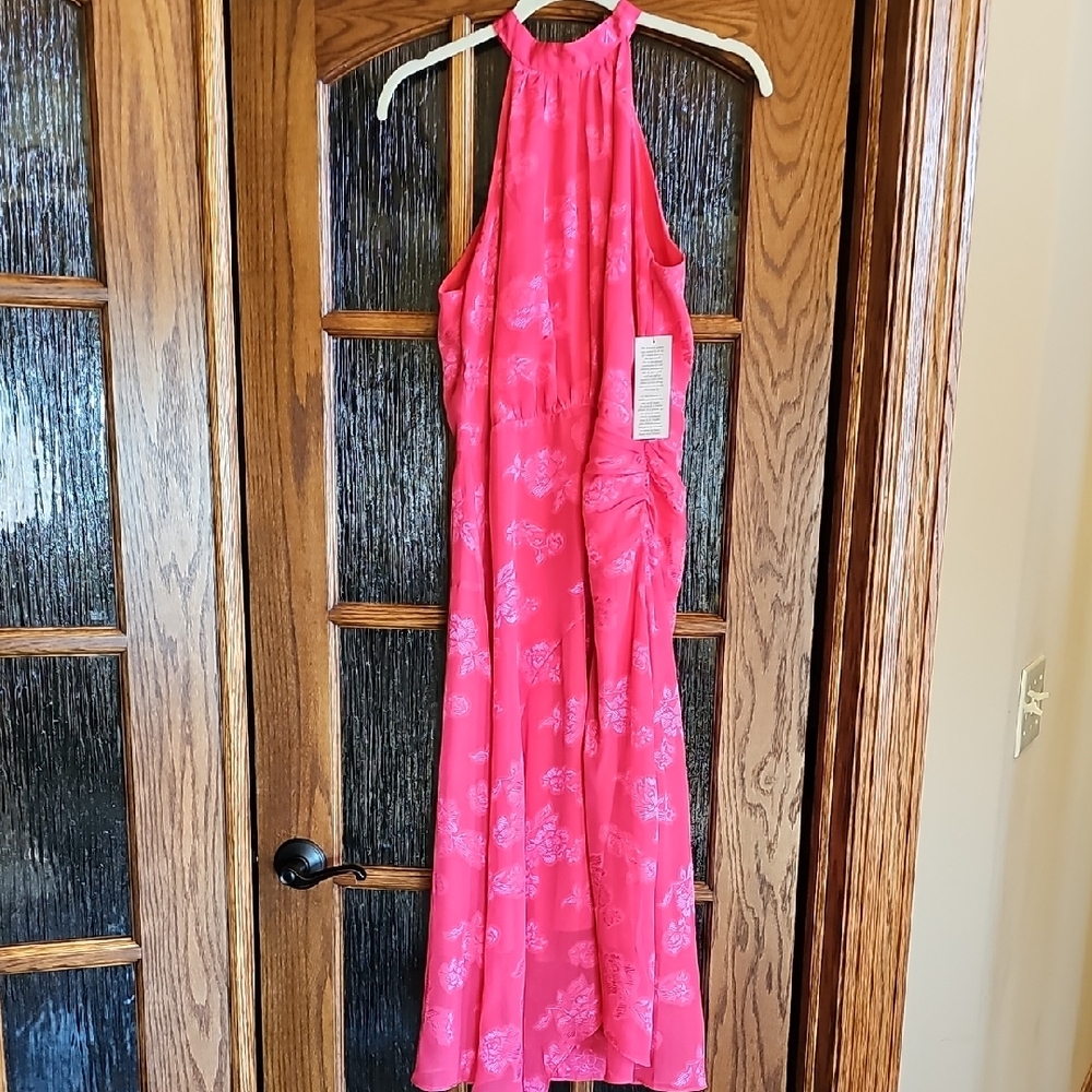 Maggy London Bright Pink Floral Halter Midi Dress